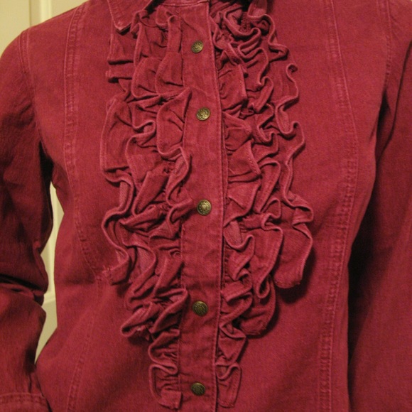 Vintage Y2K Diane Gilman Womens Denim Jean Jacket Ruffle Top S Long Sleeve Red - Picture 6 of 8